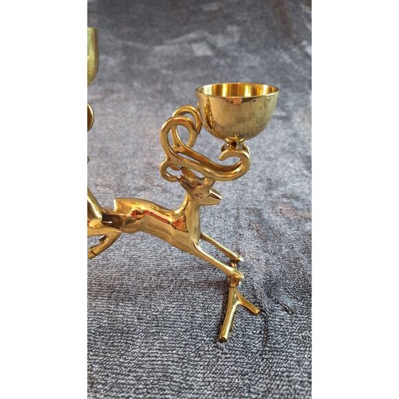 Brass Jumping Reindeer Triple Tealight/Votive Candle Holder Christmas Holiday - Picture 8 of 15
